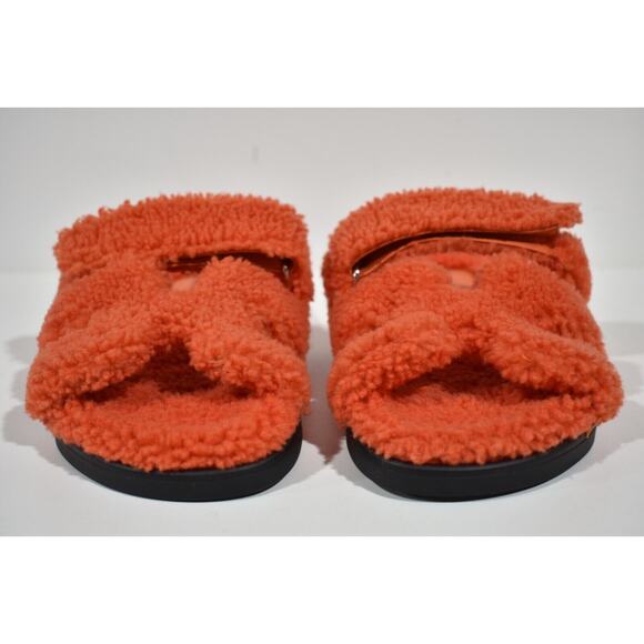 Hermes Chypre Sandal Teddy Shearling Fur Orange H Logo Slide Mule Flat Flip 37.5 - Picture 4 of 12